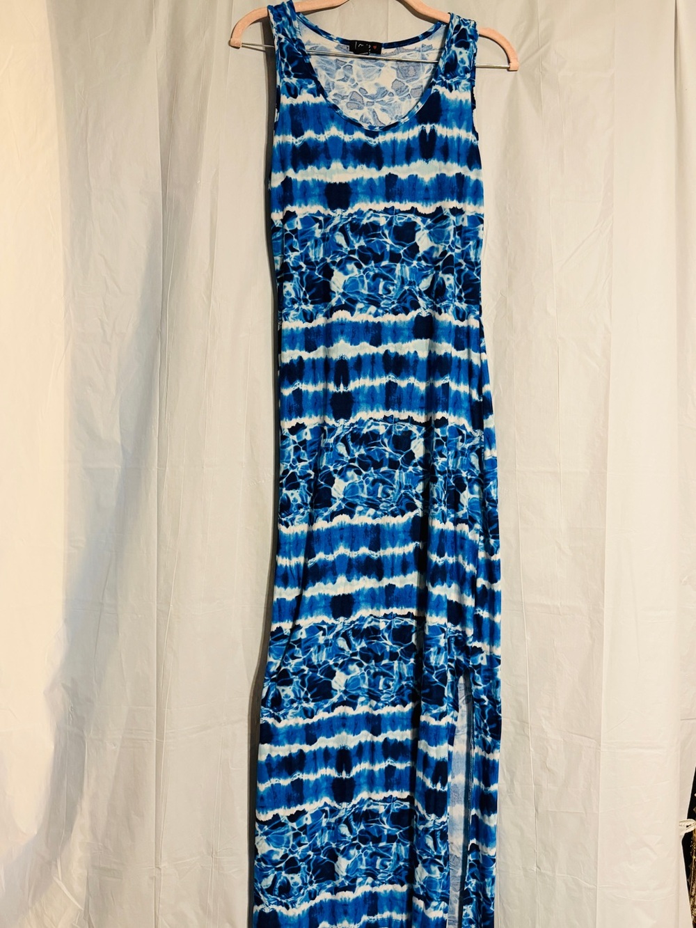 Love Women’s Blue Tie Dye Maxi Dress Size M Sleeveless Side Slit Boho Beach